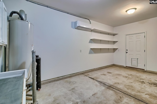 garage featuring a wall mounted air conditioner and gas water heater