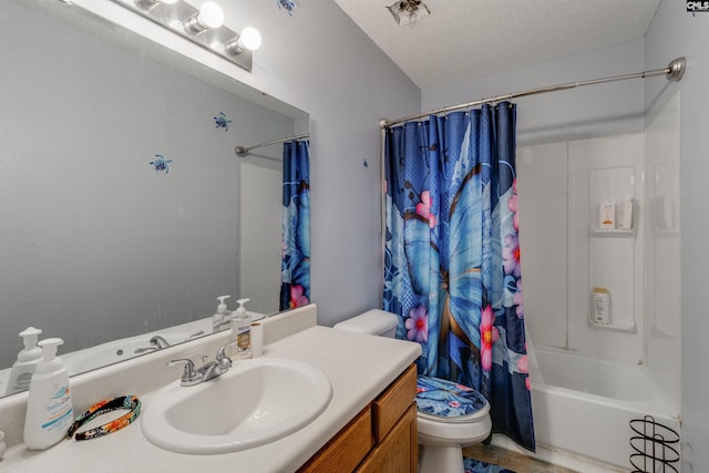 full bathroom with vanity, toilet, shower / bathtub combination with curtain, and a textured ceiling