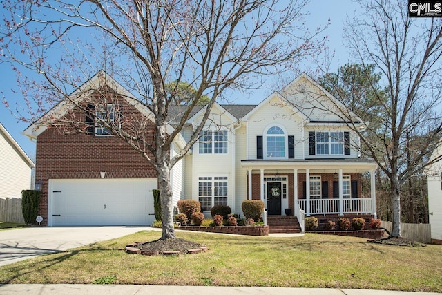 view of front facade with brick siding, fence, concrete driveway, covered porch, and a garage