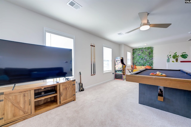 game room with visible vents, light colored carpet, pool table, and a ceiling fan