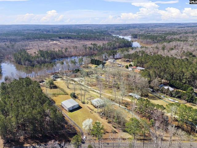 birds eye view of property featuring a water view and a wooded view