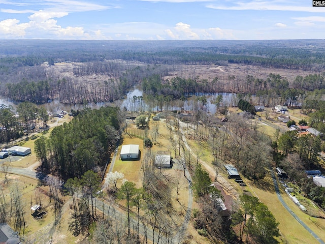 birds eye view of property with a water view and a wooded view