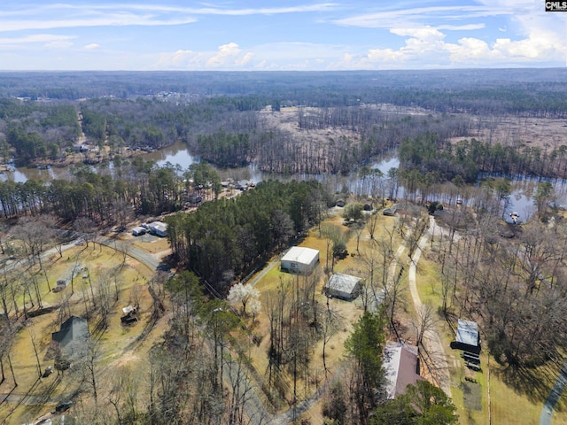 drone / aerial view with a view of trees and a water view