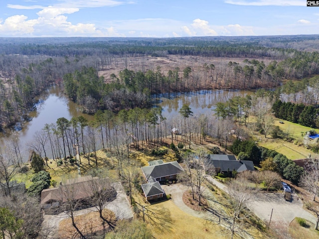 birds eye view of property featuring a forest view and a water view