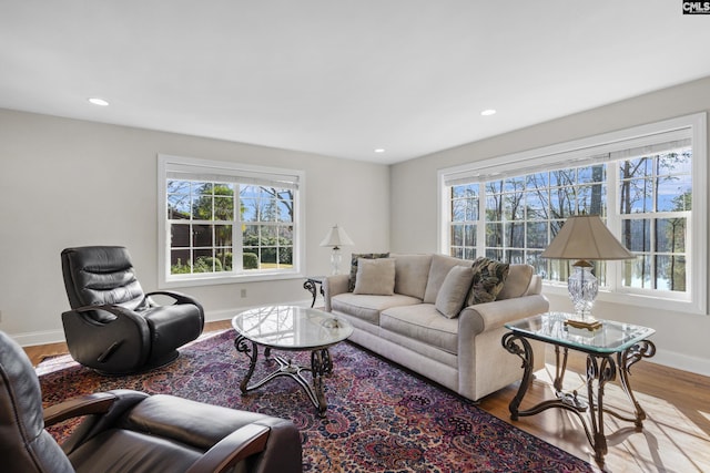 living room with recessed lighting, baseboards, and wood finished floors