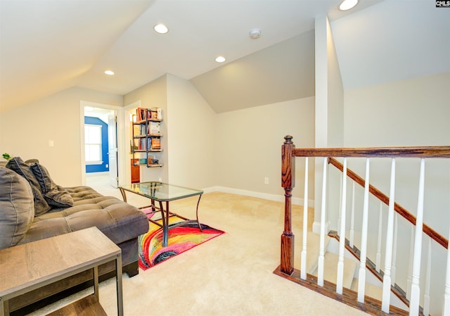 interior space with recessed lighting, carpet floors, and lofted ceiling