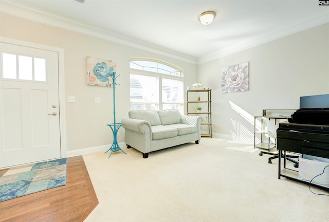 carpeted home office with baseboards and ornamental molding