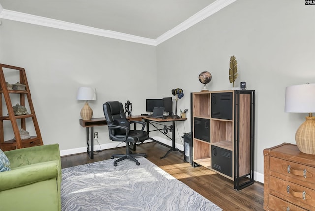 office featuring baseboards, dark wood-type flooring, and crown molding