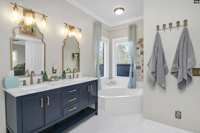 bathroom with a garden tub, ornamental molding, double vanity, and a sink