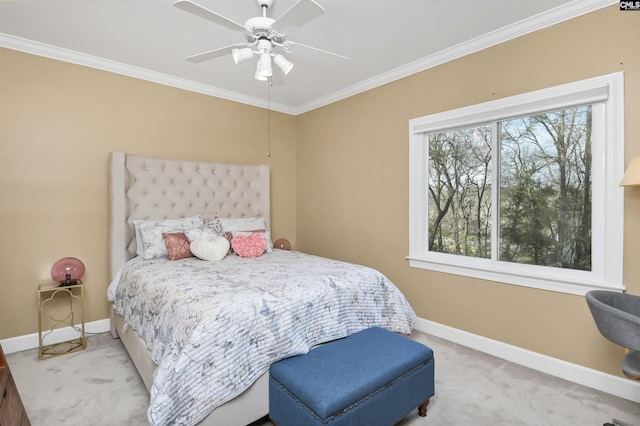 bedroom featuring baseboards, light colored carpet, and ornamental molding