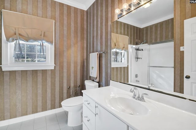 bathroom with vanity, baseboards, wallpapered walls, tile patterned floors, and toilet