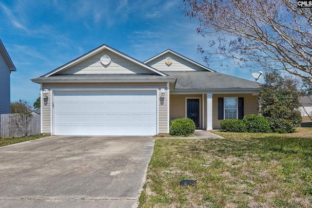 single story home with an attached garage, concrete driveway, a front yard, and fence