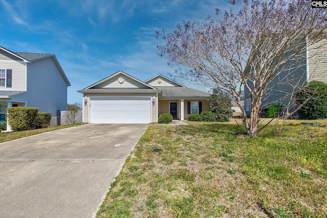 single story home with concrete driveway, an attached garage, and a front yard