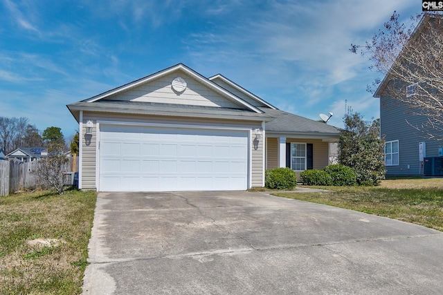 single story home with concrete driveway, central air condition unit, an attached garage, and a front lawn