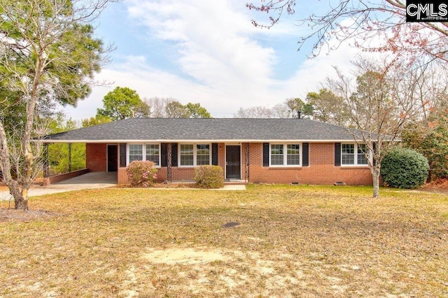 single story home with an attached carport, brick siding, a front yard, and crawl space