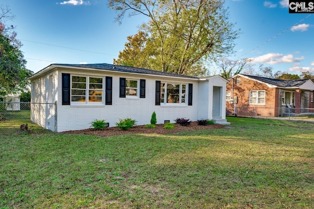 single story home featuring brick siding, crawl space, a front lawn, and fence