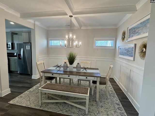 dining area with beamed ceiling, plenty of natural light, a notable chandelier, and dark wood-style floors