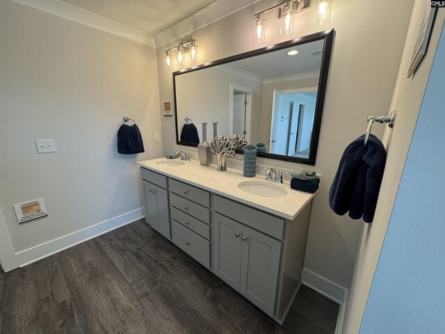 bathroom featuring wood finished floors, baseboards, double vanity, ornamental molding, and a sink