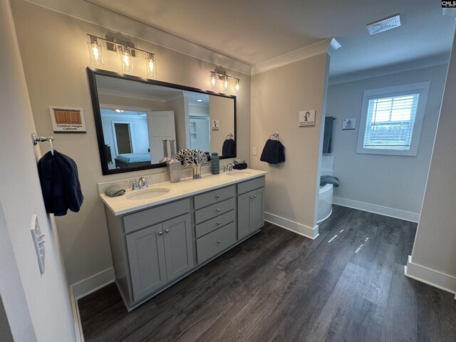 bathroom with a sink, wood finished floors, ornamental molding, and double vanity