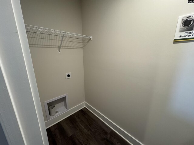 laundry room with dark wood-type flooring, baseboards, washer hookup, laundry area, and electric dryer hookup