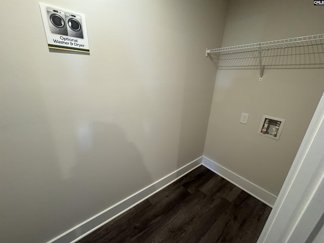 clothes washing area featuring washer hookup, laundry area, baseboards, and dark wood-type flooring