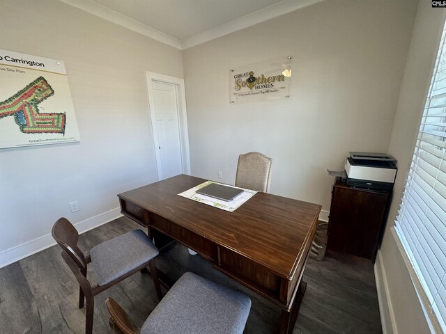 office space with ornamental molding, baseboards, and wood finished floors