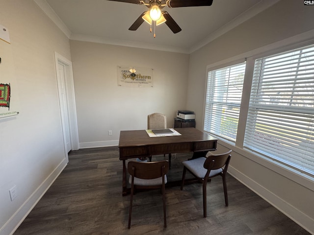 office space with ceiling fan, baseboards, dark wood-style flooring, and ornamental molding