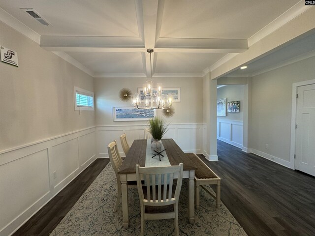 dining space with visible vents, a chandelier, a wainscoted wall, beam ceiling, and dark wood-style floors