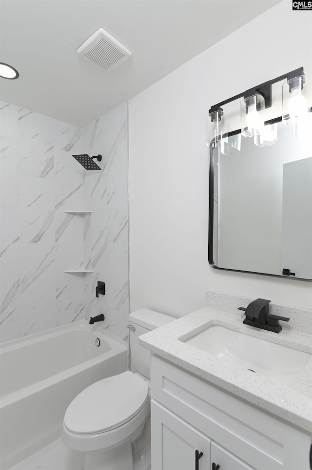 bathroom with vanity, visible vents,  shower combination, toilet, and marble finish floor