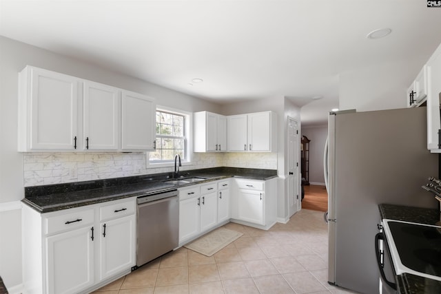 kitchen featuring electric range, dishwasher, white cabinets, and decorative backsplash