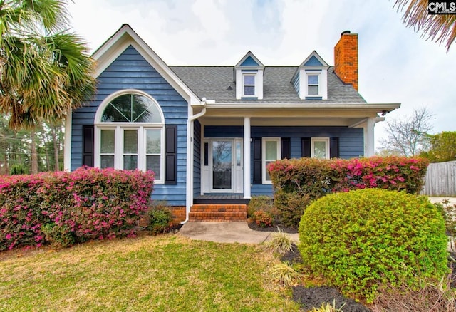 view of front of home featuring a shingled roof, a front yard, and a chimney