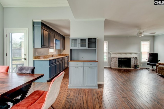 kitchen with a fireplace, crown molding, ceiling fan, and hardwood / wood-style flooring