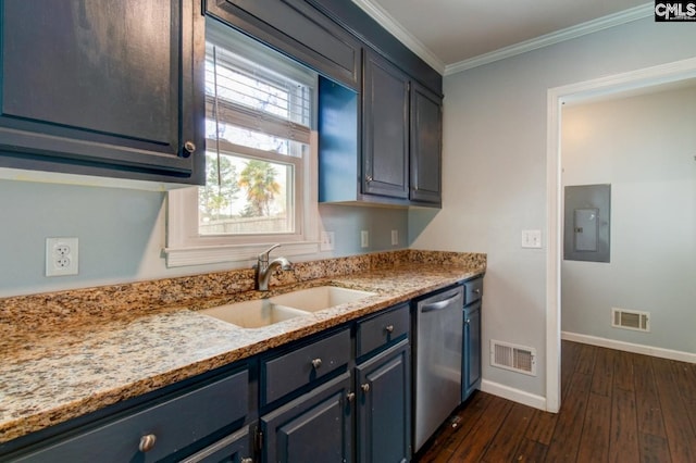 kitchen featuring visible vents, a sink, electric panel, stainless steel dishwasher, and crown molding