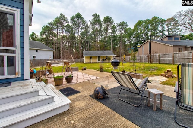 view of patio / terrace with an outdoor structure and a fenced backyard