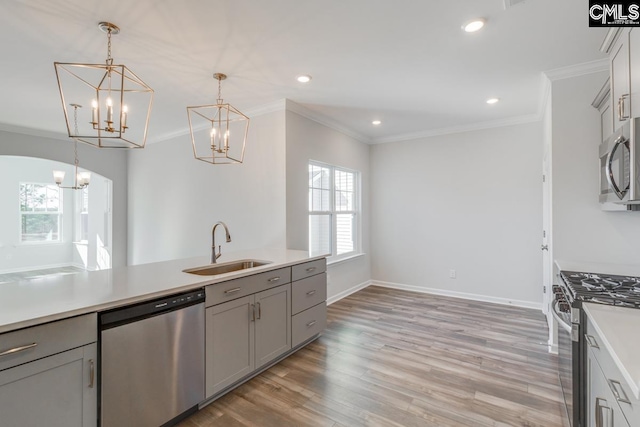 kitchen with gray cabinetry, a sink, appliances with stainless steel finishes, an inviting chandelier, and crown molding