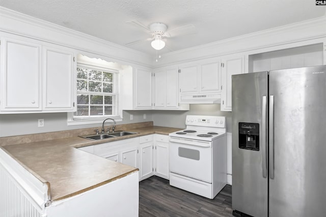 kitchen featuring a sink, stainless steel refrigerator with ice dispenser, under cabinet range hood, white cabinetry, and white range with electric stovetop