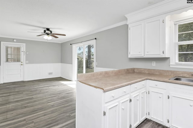 kitchen featuring wainscoting, white cabinets, crown molding, and ceiling fan