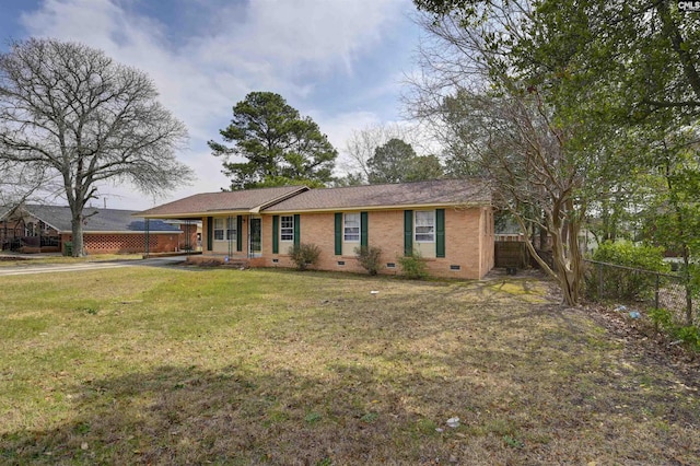 single story home featuring crawl space, driveway, a front yard, and fence