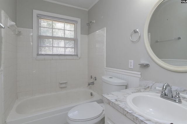 full bathroom featuring shower / bath combination, vanity, toilet, and crown molding