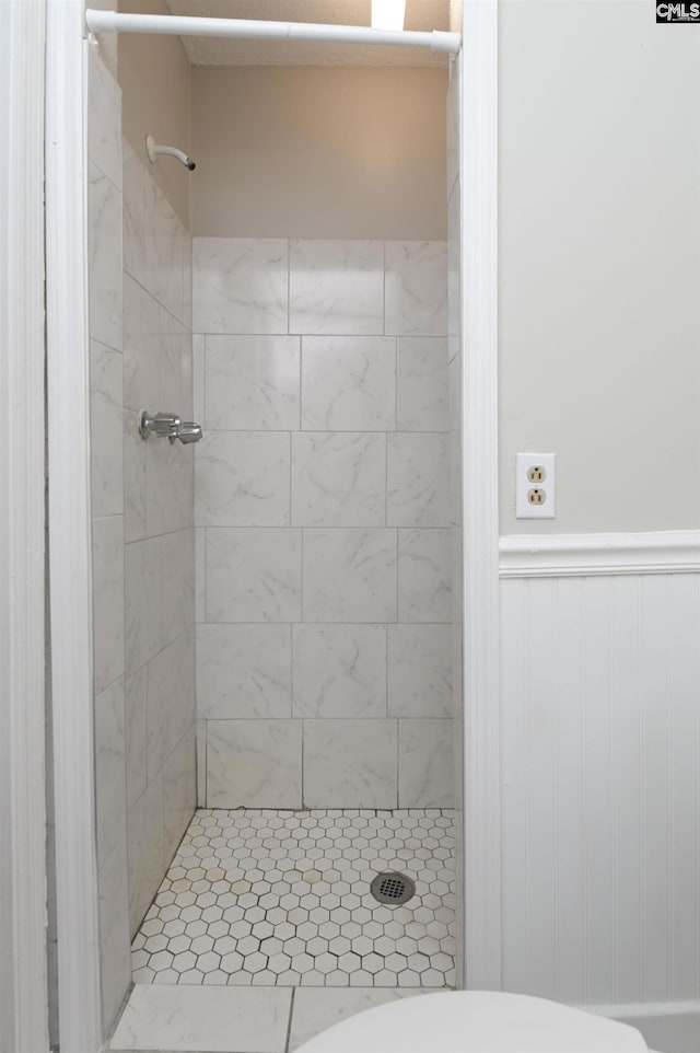 full bath with wainscoting and a shower stall