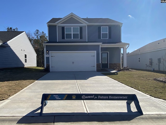 view of front of home with concrete driveway, an attached garage, stone siding, and a front lawn