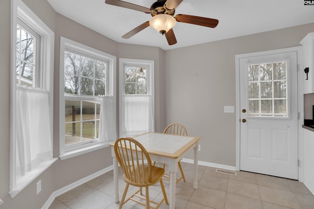 dining room featuring light tile patterned flooring, visible vents, a healthy amount of sunlight, and a ceiling fan