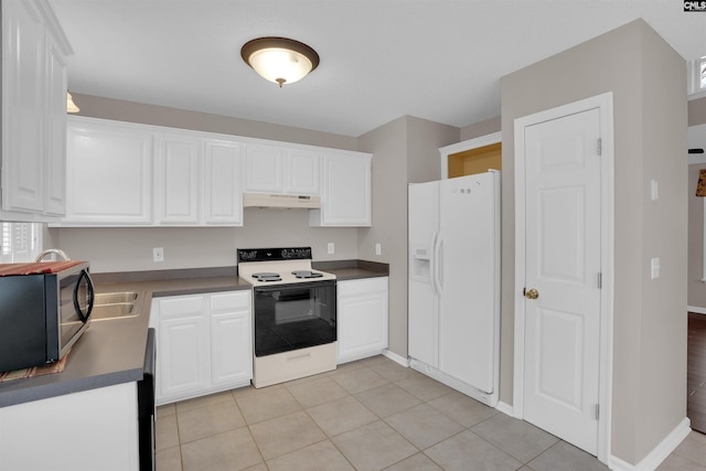 kitchen featuring range with electric cooktop, under cabinet range hood, white fridge with ice dispenser, white cabinetry, and stainless steel microwave