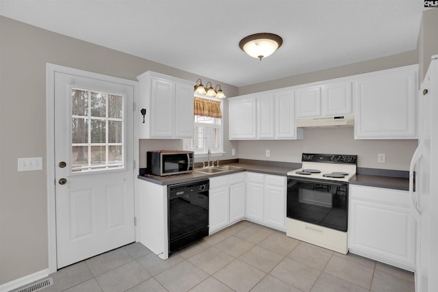 kitchen with stainless steel microwave, under cabinet range hood, dishwasher, range with electric stovetop, and a sink