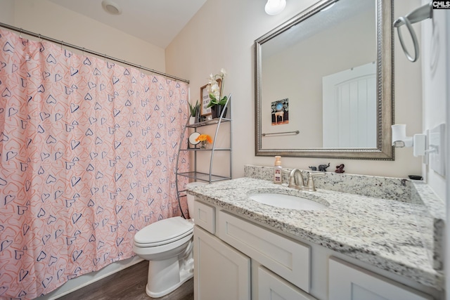 bathroom with curtained shower, toilet, vanity, and wood finished floors