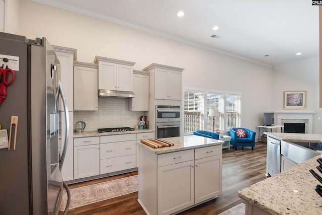 kitchen featuring visible vents, under cabinet range hood, tasteful backsplash, a kitchen island, and appliances with stainless steel finishes