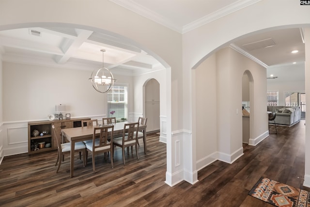 dining space with beam ceiling, coffered ceiling, dark wood finished floors, and wainscoting