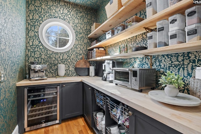 storage area with wine cooler and a toaster