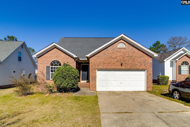 ranch-style home with a front yard, a garage, brick siding, and driveway