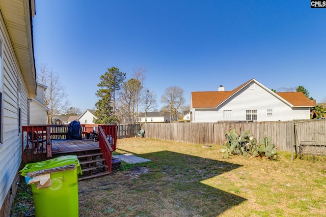 view of yard with a deck and a fenced backyard